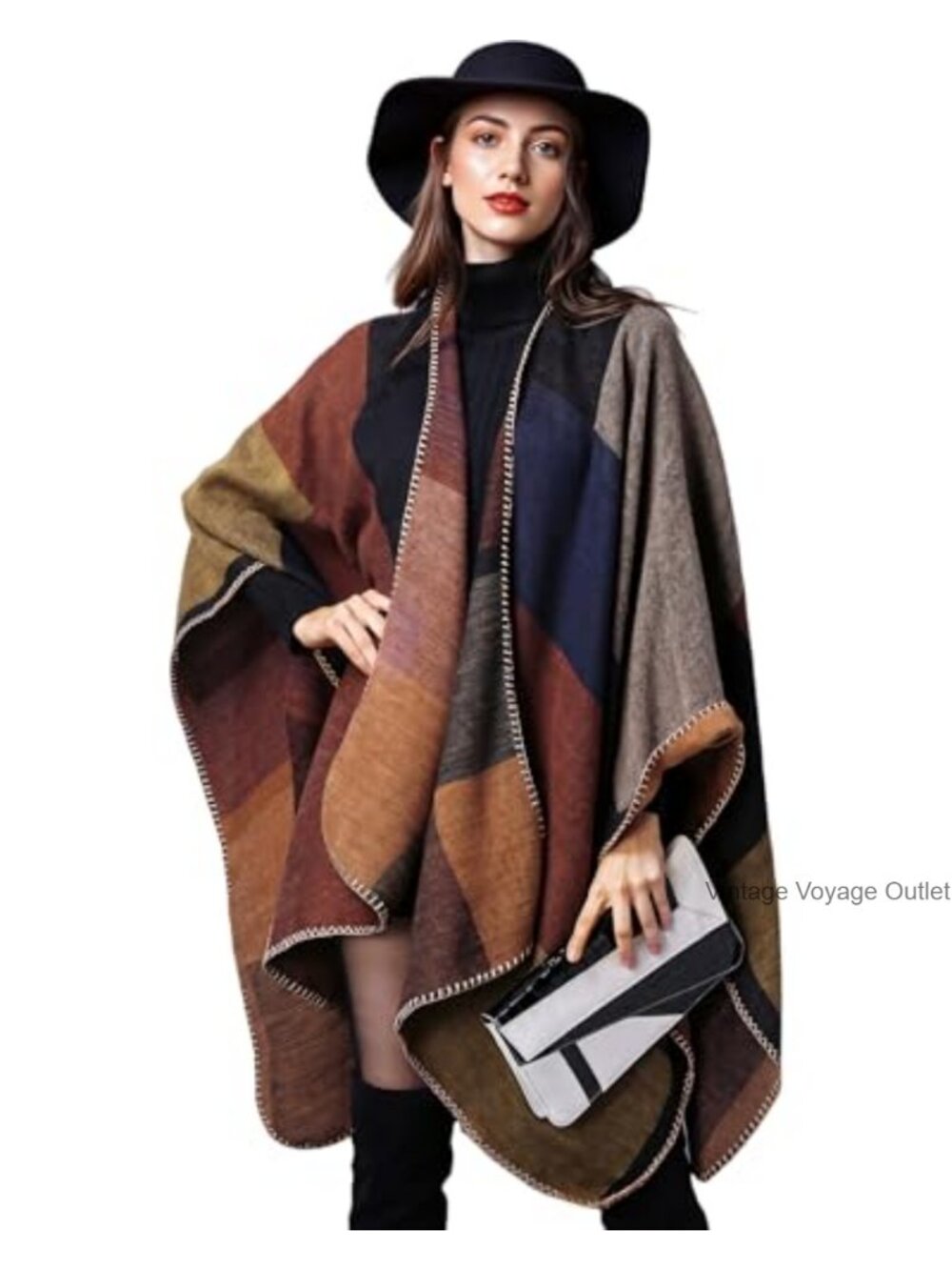 Open Front Plaid Poncho Shawl Wrap Oversized Pashmina